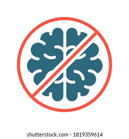 Brain with prohibition sign, stop thinking colored icon. Transplantation, amputation internal organ, no brain, transplant rejection symbol