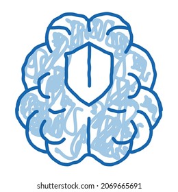 Hirnschutzskizze-Symbol, Vektorgrafik. Handgezeichnete blaue Dodle-Linie Art Hirnschutzzeichen. einzelne Symbolillustration
