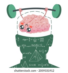 Gehirnpumpen. Nimm ein Orgel-Maskottchen und hebe eine Hantel. Silhouette und Tafel mit Mathematik. Die Erforschung von Mathematik und Geometrie entwickelt mentale Fähigkeiten. Vektorkonzept