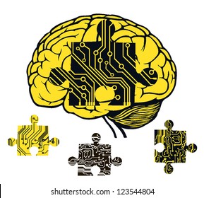 brain with puzzle in circuit style. vector illustration