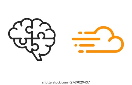 Brain puzzle and cloud computing icons representing problem solving, cognitive development, and fast data storage.