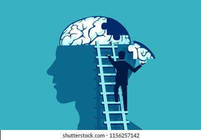 Brain puzzle vector concept. Business man climbing up the stairs reaching human head to add piece of brain puzzle. 