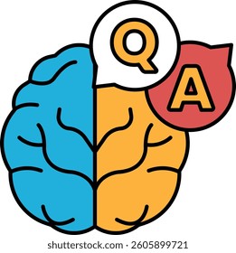 A brain with a Q and A on it. The brain is split into two halves, with the Q on the left and the A on the right. Concept of asking questions and seeking answers