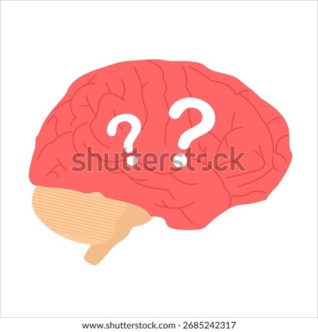 Brain with a question mark icon, reflecting confusion, disorientation, or memory loss, flat art design style.
