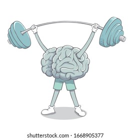 brain raises the barbell and upgrade his mind.Vector cartoon illustration.