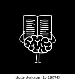 Brain reading book or newspaper. Vector concept illustration of learning informed mind | flat design linear infographic icon white on black background