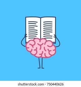 Brain reading book or newspaper. Vector concept illustration of learning informed mind | flat design linear infographic icon on blue background