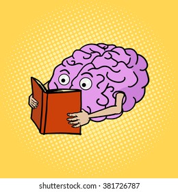 Brain reading book pop art style vector illustration. Colorful cartoon powerful brain.