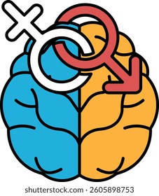 A brain with a red arrow pointing to the right and a blue arrow pointing to the left. The image is meant to represent the differences between men and women