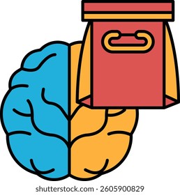 A brain and a red bag with a handle. The brain is blue and yellow