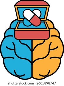 A brain with a red and blue box on it. The box is labeled with pills. The brain is split in half, with the pills in the box on the right