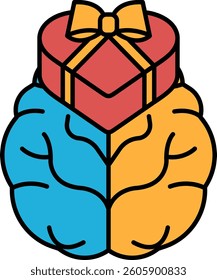 A brain with a red and blue heart on it. The brain is split in half, with the red half on the left and the blue half on the right