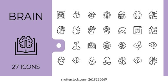Brain related icon set. Contains such icons as psychology, mental, storm, ai and more. Mental modern vector illustration. Head icon pack. Pixel perfect. Vector collections.