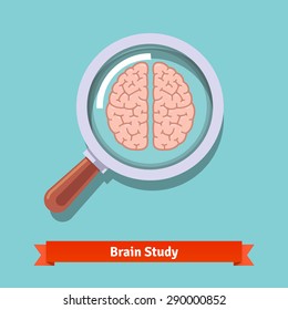 Brain research and education concept. Zooming magnifying glass. Flat vector illustration.