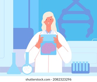 Brain Research. Lab Scientist In Laboratory. Neurology And Neurosurgery, Doctor Hold Brain In Hand. Medical And Healthcare Vector Concept