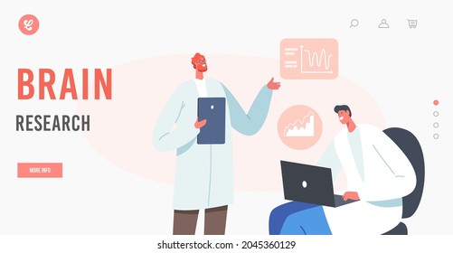 Brain Research Landing Page Template. Male Doctors in White Medical Robe Working with Laptop and Tablet Learning Neurology Electroencephalography Charts of Human Brain. Cartoon Vector Illustration