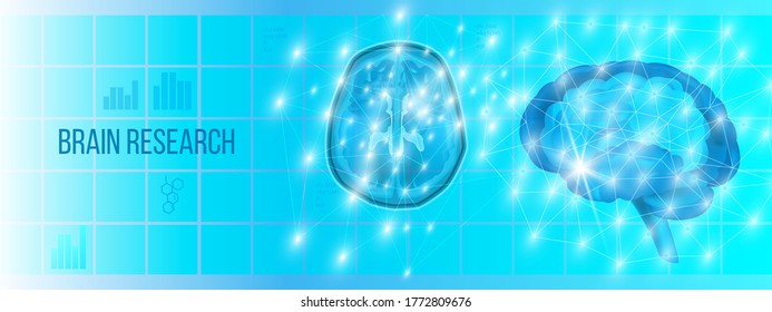 Brain research medical background with human brain MRI scan, bright dots and polygons. Neurosurgery vector concept with medical holograms, blue square background, copy space.