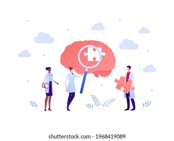 Brain research and mental disease study concept. Vector flat people illustration. Doctor scientist team with magnifier glass and puzzle. Male and female character. Design for health care and science.