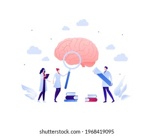 Brain research and mental disease study concept. Vector flat people illustration. Doctor scientist team with magnifier glass and lab tube. Man and woman character. Design for health care and science.