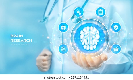 Brain research. Neurology. Doctor holding in hand the hologram of human brain and medical icons network connection on virtual screen. Innovative technology in science and medicine. Vector illustration