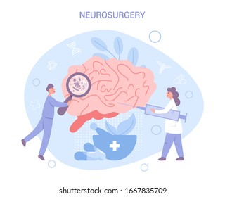 Brain research, neurology and neurosurgery concept. Doctor standing at big brain. Idea of health and medical treatment. Flat vector illustration