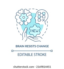 Brain resists change turquoise concept icon. Resisting changes reason abstract idea thin line illustration. Isolated outline drawing. Editable stroke. Arial, Myriad Pro-Bold fonts used