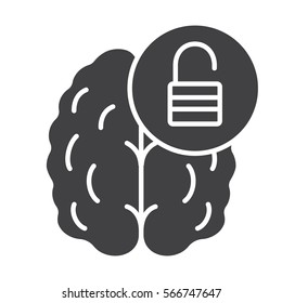 Brain resources revelation icon. Intellect potential silhouette symbol. Human brain with open lock. Negative space. Vector isolated illustration