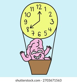 Un cerebro en reposo está volando en un globo de aire caliente Concepto ilustración de personaje de dibujos animados