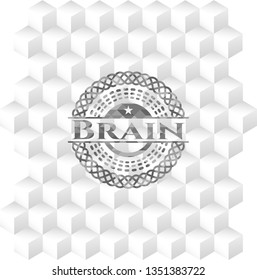 Brain retro style grey emblem with geometric cube white background