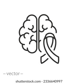 cerebro con icono de cinta, salud mental, símbolo de línea delgada sobre fondo blanco - ilustración de vector de trazo editable eps10