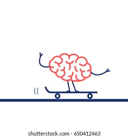 Brain riding skateboard. Vector concept illustration of fast moving happy brain on wheels | flat design linear infographic icon red and blue on white background