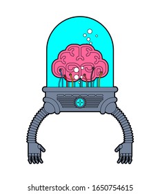 Brain with robot hands. Artificial intelligence with human organs. Technology of the future. Brain cyborg with iron hands. Robotic intelligence