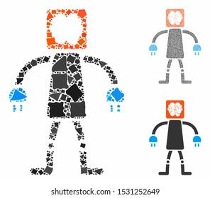 Brain robot mosaic of rugged items in various sizes and color tones, based on brain robot icon. Vector humpy items are combined into mosaic. Brain robot icons collage with dotted pattern.