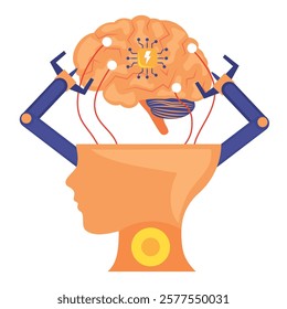A brain with robotic arms symbolizing AI development and technological growth