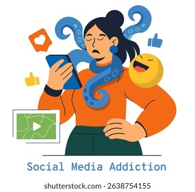 Brain Rot concept. This illustration captures the essence of social media addiction and its overwhelming influence on users. It depicts a person entangled in digital distractions, showcasing mind