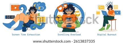 Brain Rot concept. This illustration highlights the effects of excessive screen time and digital fatigue. It features scenarios showcasing exhaustion, overload, and burnout linked to digital usage