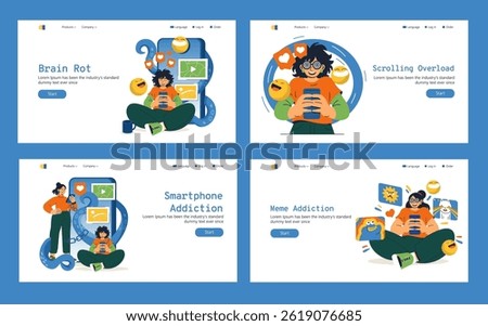 Brain Rot illustration. The impact of excessive screen time and social media reliance on mental health. Highlights the need for awareness about digital consumption and its effects. Vector illustration