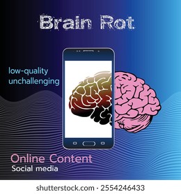 Brain Rot: The Impact of Low-Quality Online Content.A visual commentary on the decline of critical thinking due to overexposure to low-quality social media content.A smartphone and brain graphic.