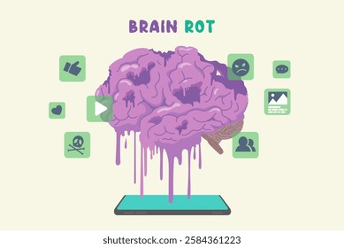 Brain rot melted down to smartphone screen while icons and signs about social media and content stayed around that. Loss of focus due to addiction to low quality content.