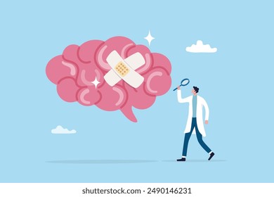 Brain rot mental health, depression or anxiety heal or recovery, psychotherapy, emotional intelligence, heal stress, mental wellbeing concept, doctor analyze cured mental illness brain with bandage.