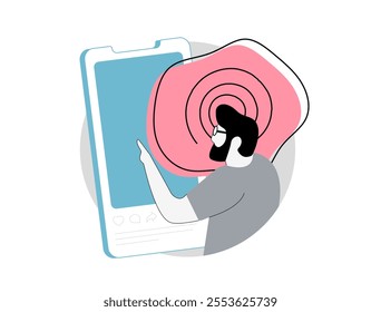 Brain rot symbolizing effects of consuming excessive low-quality online content, social media overload, mental fatigue, overthinking and cognitive decline. Brain rot vector illustration