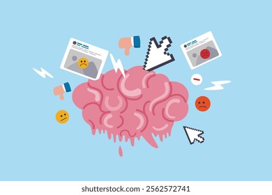 Brain rot toxic social media addiction causing depression, anxiety and negative harmful mind, online overwhelmed, cyber bullying or doomscrolling concept, human brain rot with toxic social media.