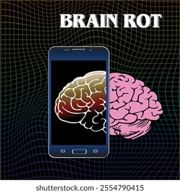 Brain Rot,depicting the effects of excessive smartphone use on mental health and cognitive function, featuring a brain emerging from a mobile screen against a digital grid background.