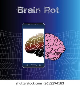 Brain Rot, representando os efeitos do uso excessivo de smartphones na saúde mental e função cognitiva, apresentando um cérebro emergindo de uma tela móvel contra um fundo de grade digital.