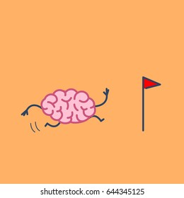 Brain running to goal marked with flag. Vector concept illustration of brain on the way to target | flat design linear infographic icon on orange background