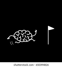 Brain running to goal marked with flag. Vector concept illustration of brain on the way to target | flat design linear infographic icon white on black background