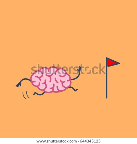 Brain running to goal marked with flag. Vector concept illustration of brain on the way to target | flat design linear infographic icon on orange background