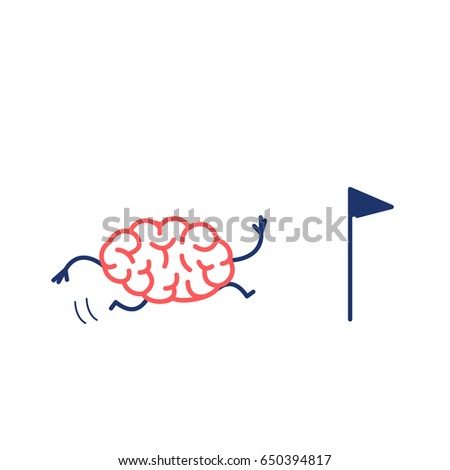 Brain running to goal marked with flag. Vector concept illustration of brain on the way to target | flat design linear infographic icon red and blue on white background