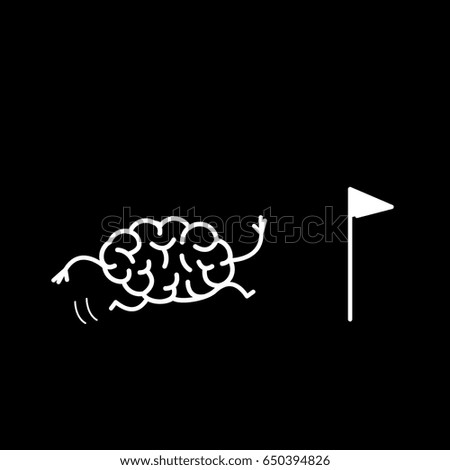 Brain running to goal marked with flag. Vector concept illustration of brain on the way to target | flat design linear infographic icon white on black background