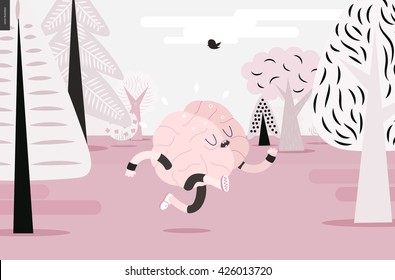 Brain running through the forest - a vector illustration of a running brain wearing sporting wear running among the trees, pink version